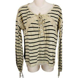 Free People Knit Top Small S Striped Lace Long Sleeve Shirt Stretch